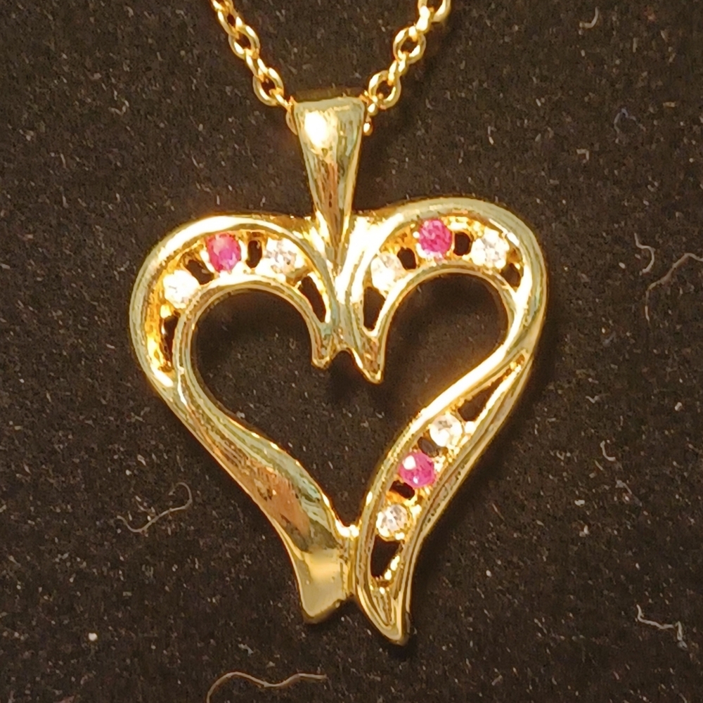 Elegant 24k GEP Gold Open Heart Necklace 17" Chain Rubies And CZs